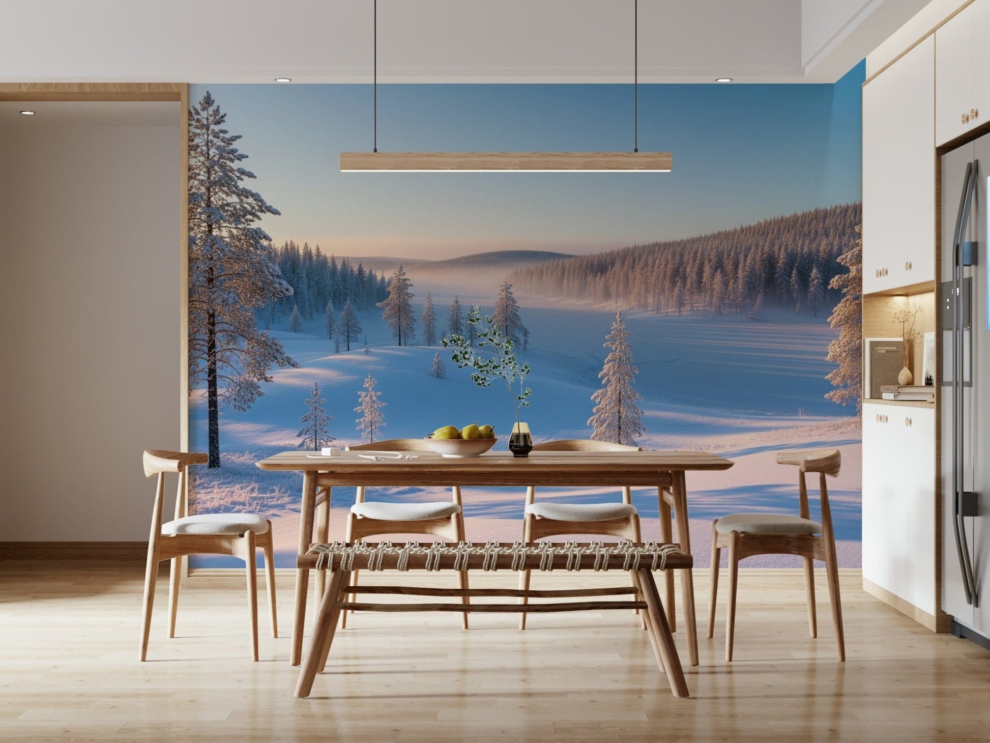 Snowy hills wall mural in home office, cool blue color accents, clean modern style