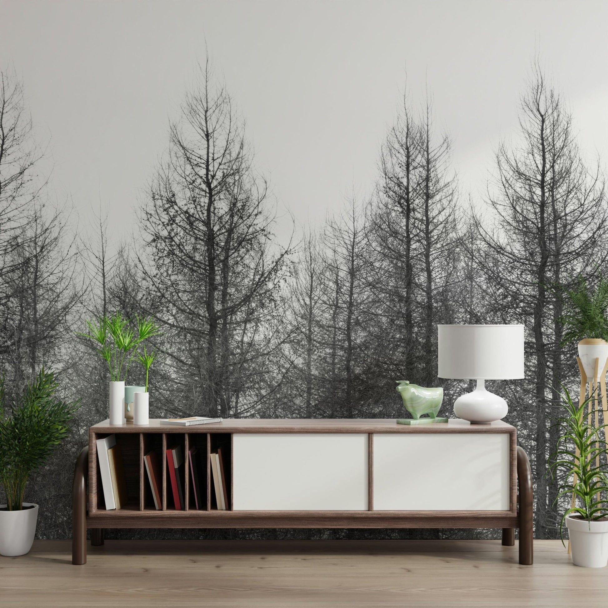 Frosty mountain mural in home office, clean modern look, neutral winter colors
