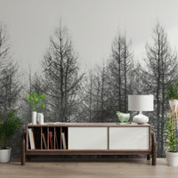 Frosty mountain mural in home office, clean modern look, neutral winter colors