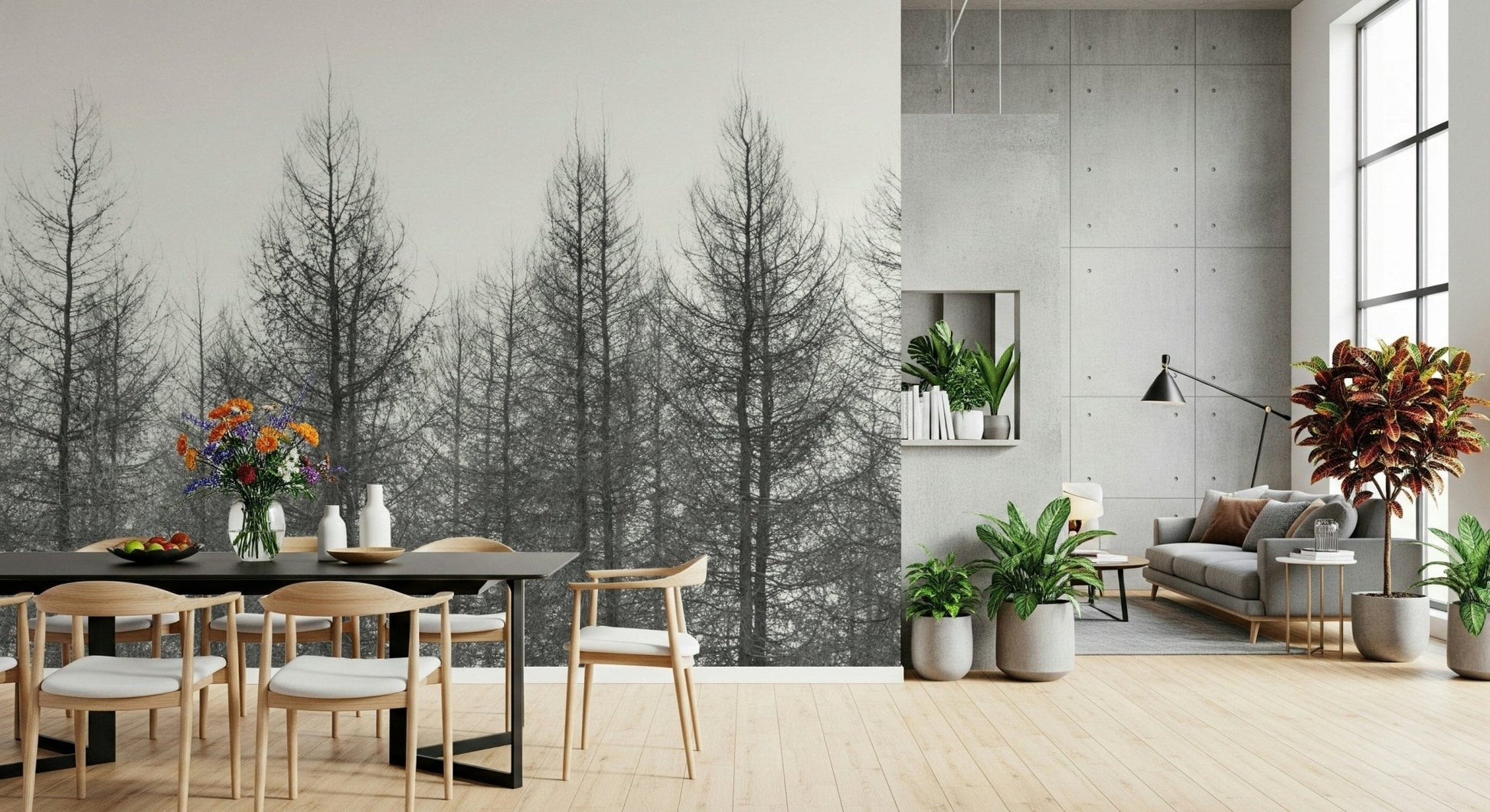Snowy ridge wall mural behind sofa in apartment lounge, minimal style, icy color palette
