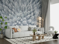 Frosted mountain scene wallpaper for bedroom, calm neutral tones and soft light