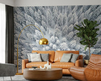 Cozy cabin winter mural for bedroom headboard wall, muted blues and whites