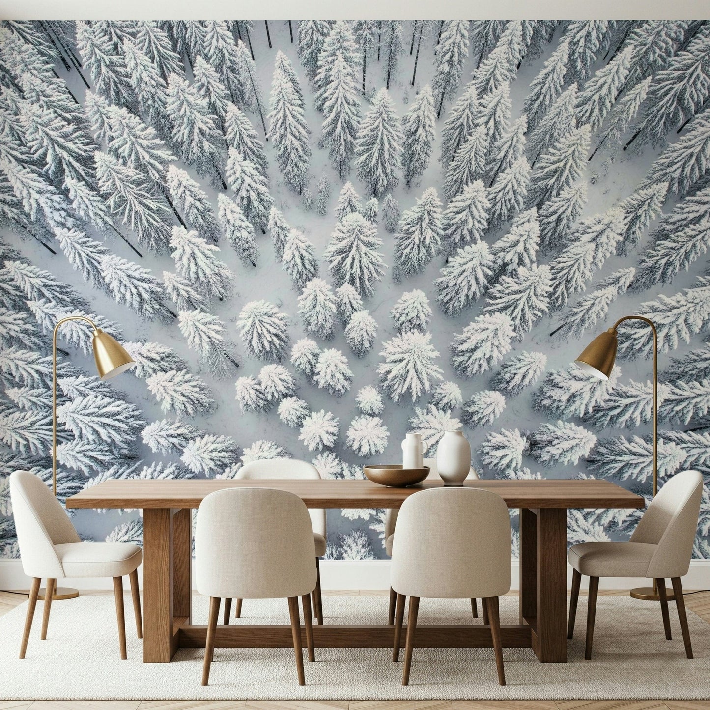 Snowy pine landscape mural behind sofa in apartment, modern wall decor style