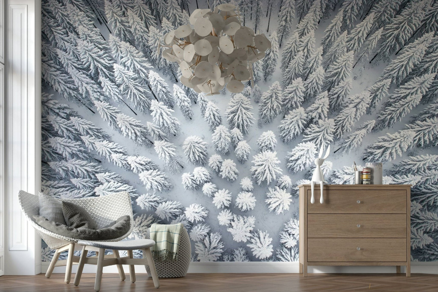 Winter’s Embrace Wall Mural in office, clean white wall with icy landscape view