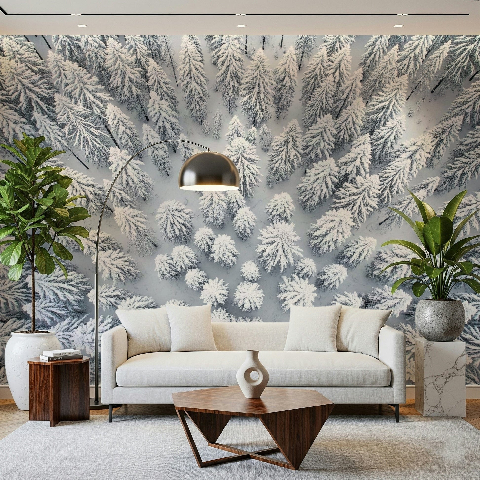 Winter landscape mural for reading nook, soft snow scene and gentle contrast