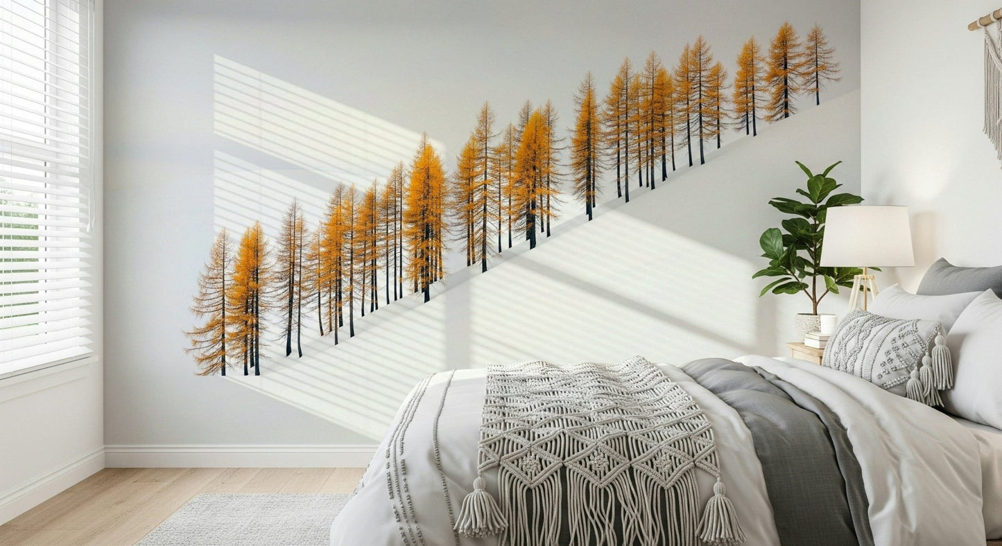 Gold winter mountain scene mural for entryway, clean modern wall decor