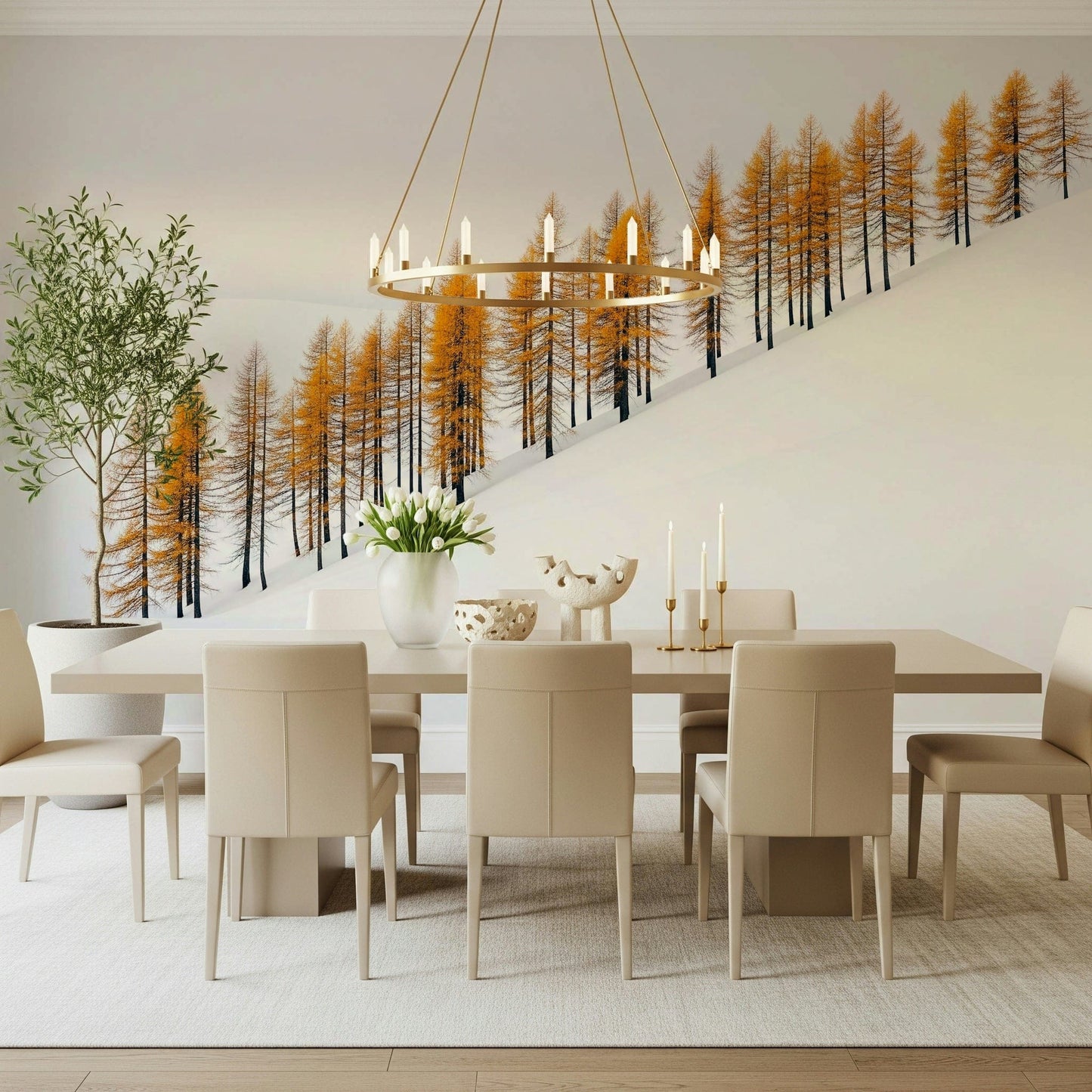 Subtle gold winter pattern mural behind TV wall, apartment living space