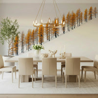 Subtle gold winter pattern mural behind TV wall, apartment living space