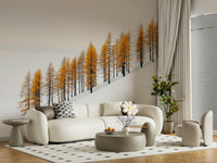 Misty winter trees with golden glow mural for modern dining room wall