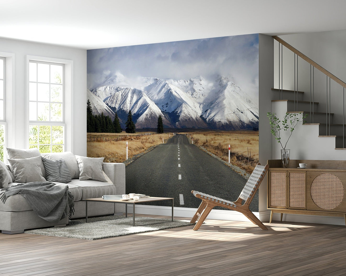 Winter road wall mural in office reception, clean winter landscape, neutral and modern style