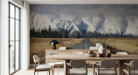 Snowy countryside road wallpaper mural in dining area, muted colors, contemporary style