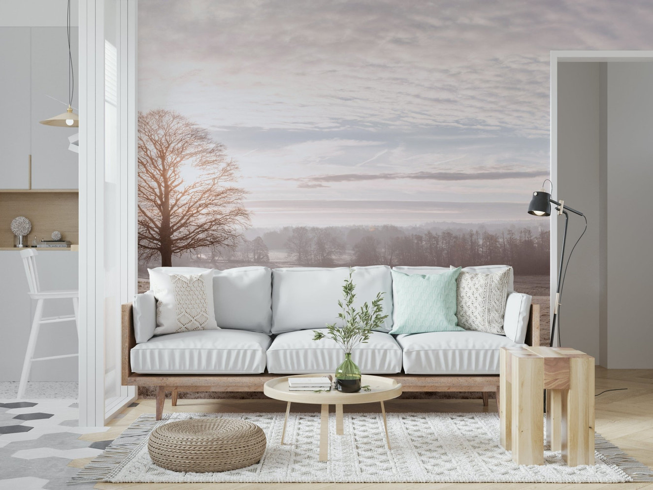 Winter landscape wall mural in modern living room, soft white and beige tones