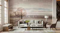 Bedroom headboard wall with frosty trees mural, soft light and modern look