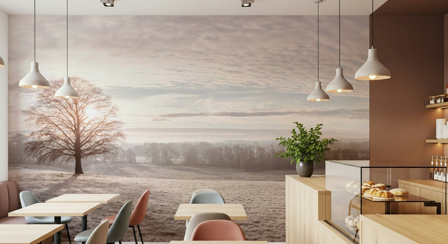 Minimal apartment dining nook with pale snowy mural, neutral color styling