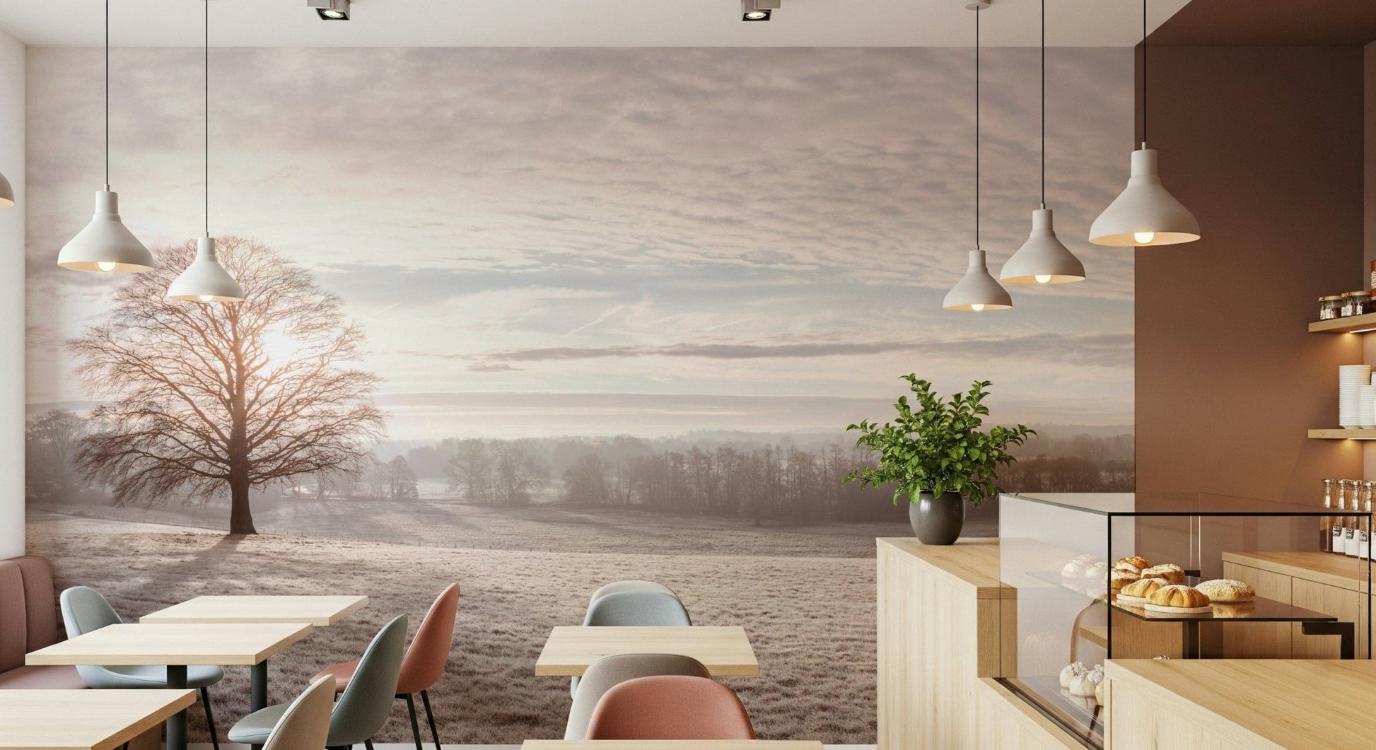 Minimal apartment dining nook with pale snowy mural, neutral color styling