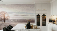Cozy bedroom feature wall with Winter's Soft Light Wall Mural, soft winter scene