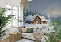 Minimalist winter mural with pale tree silhouettes and golden morning light