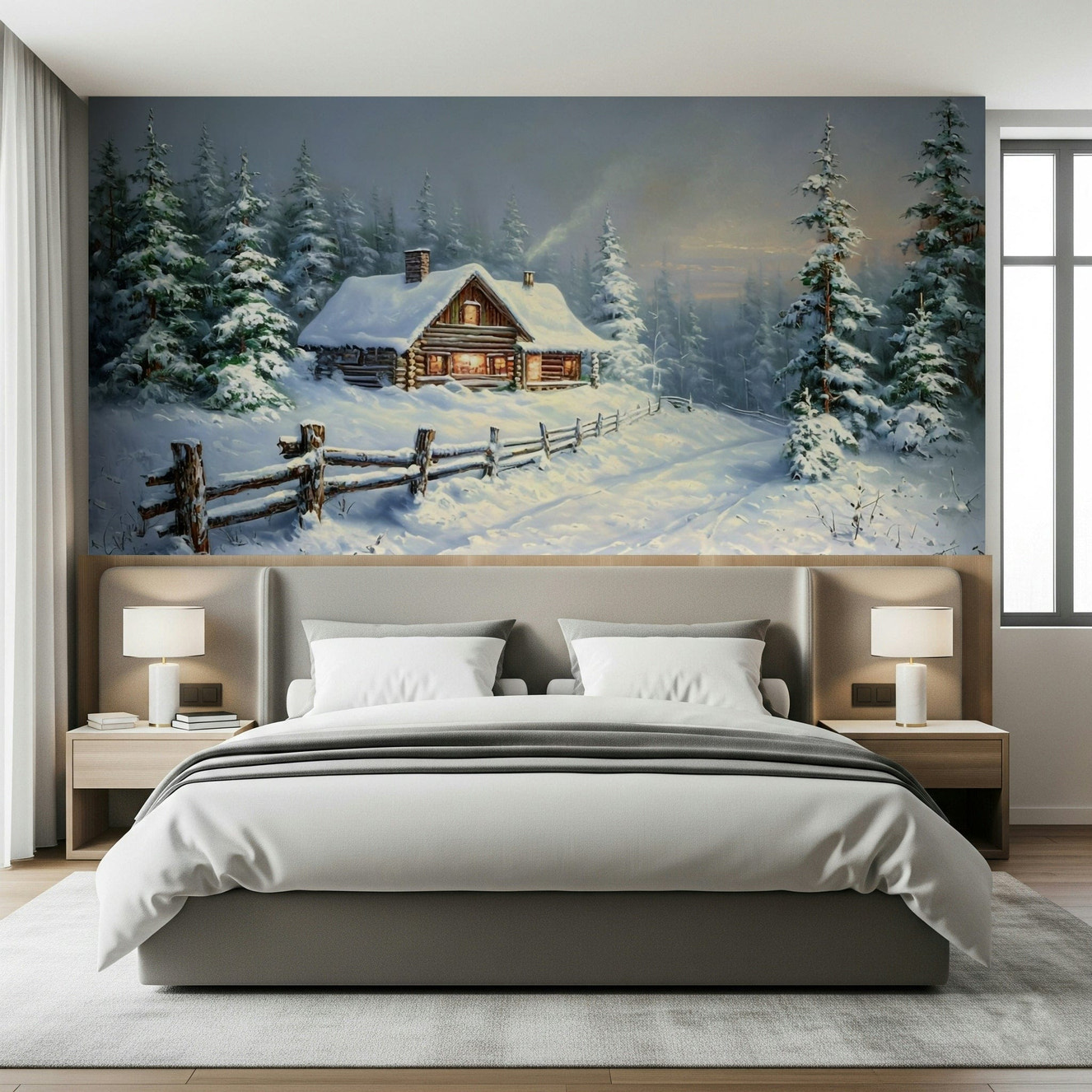 Snowy forest mural adding warm color tones to apartment bedroom wall decor