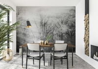 Large scale snowy forest wallpaper for a spacious open plan living area