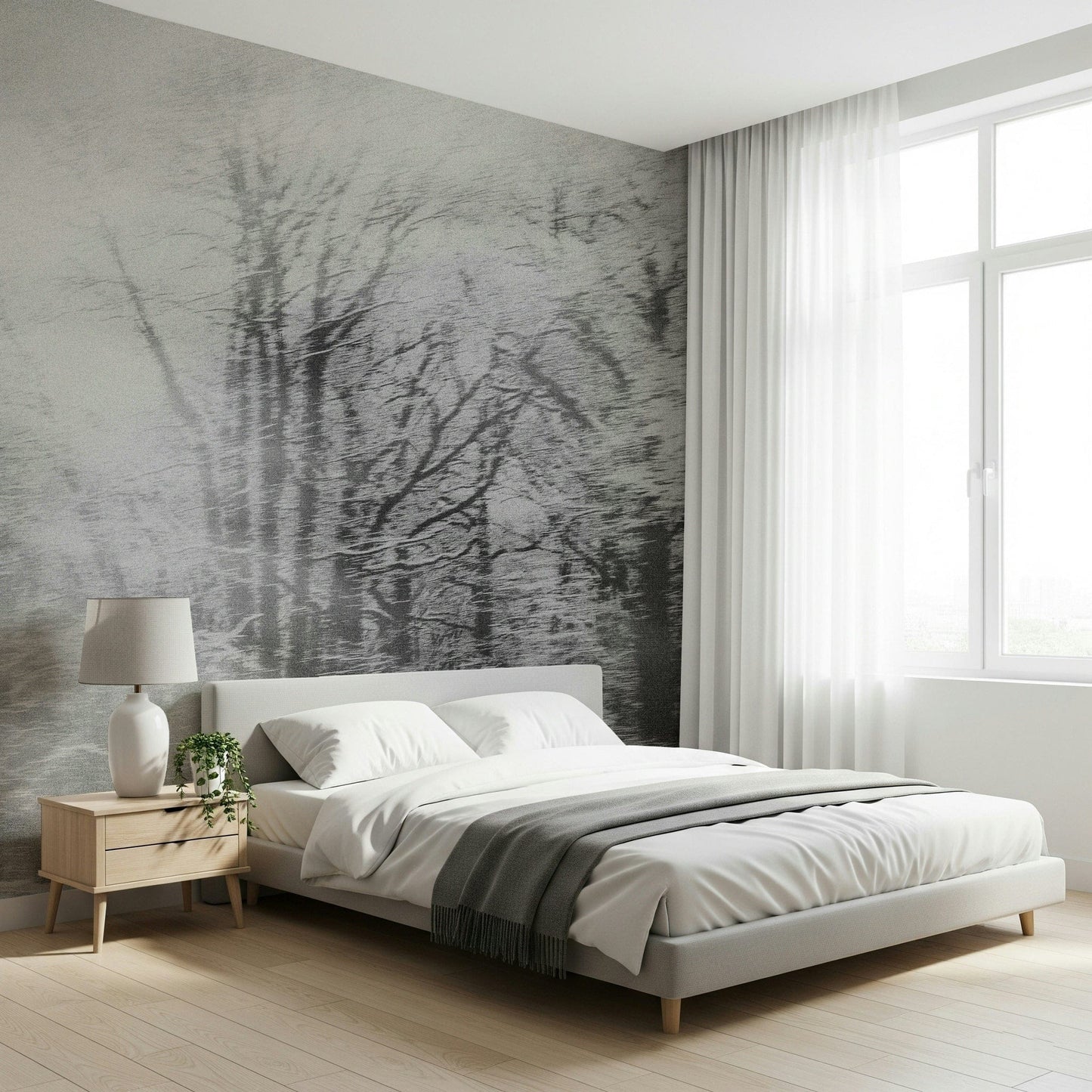 Winter's Whisper Wall Mural behind a grey upholstered bed in a master suite