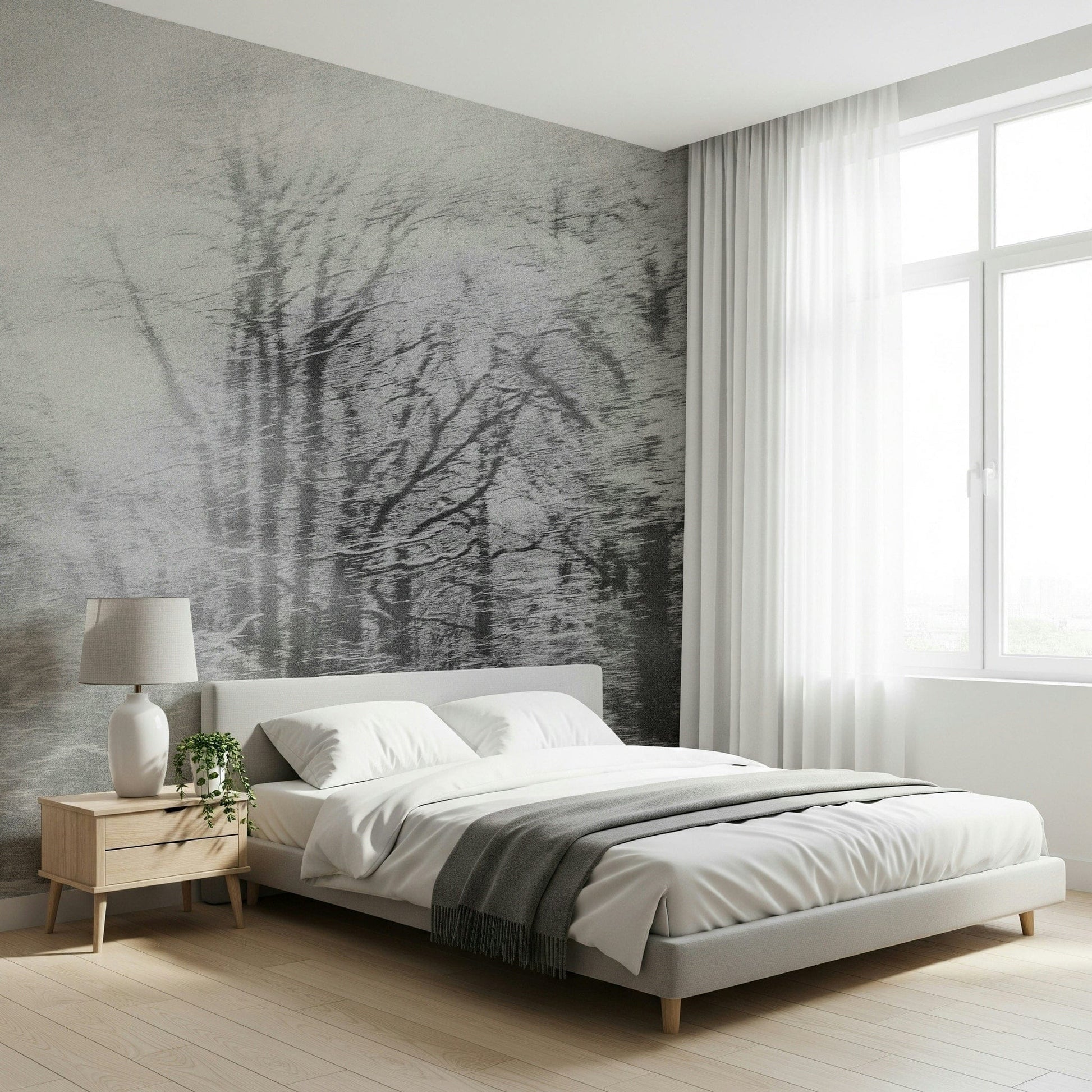 Winter's Whisper Wall Mural behind a grey upholstered bed in a master suite