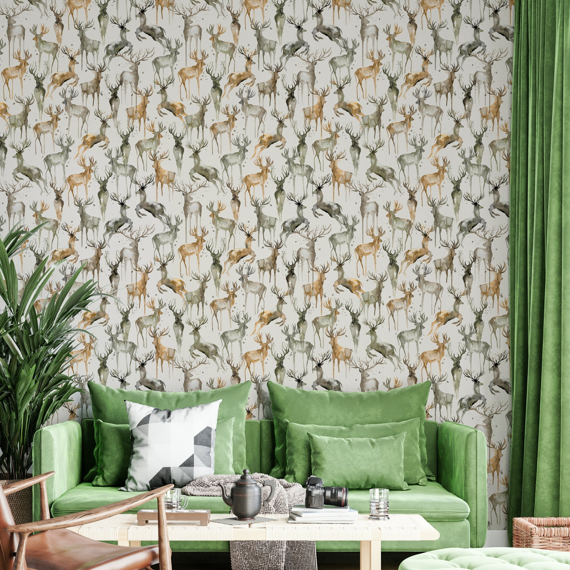 Minimalist animal print wall mural for a contemporary nursery with wooden furniture.