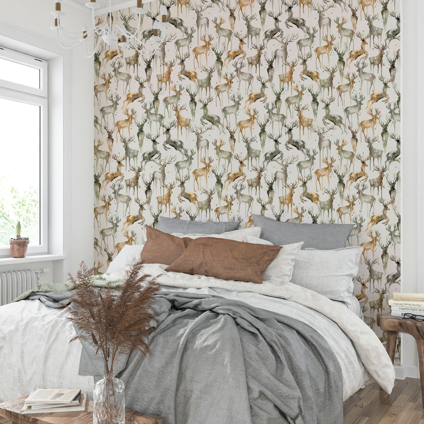 Elegant deer illustrations on a neutral background for a cozy guest room.