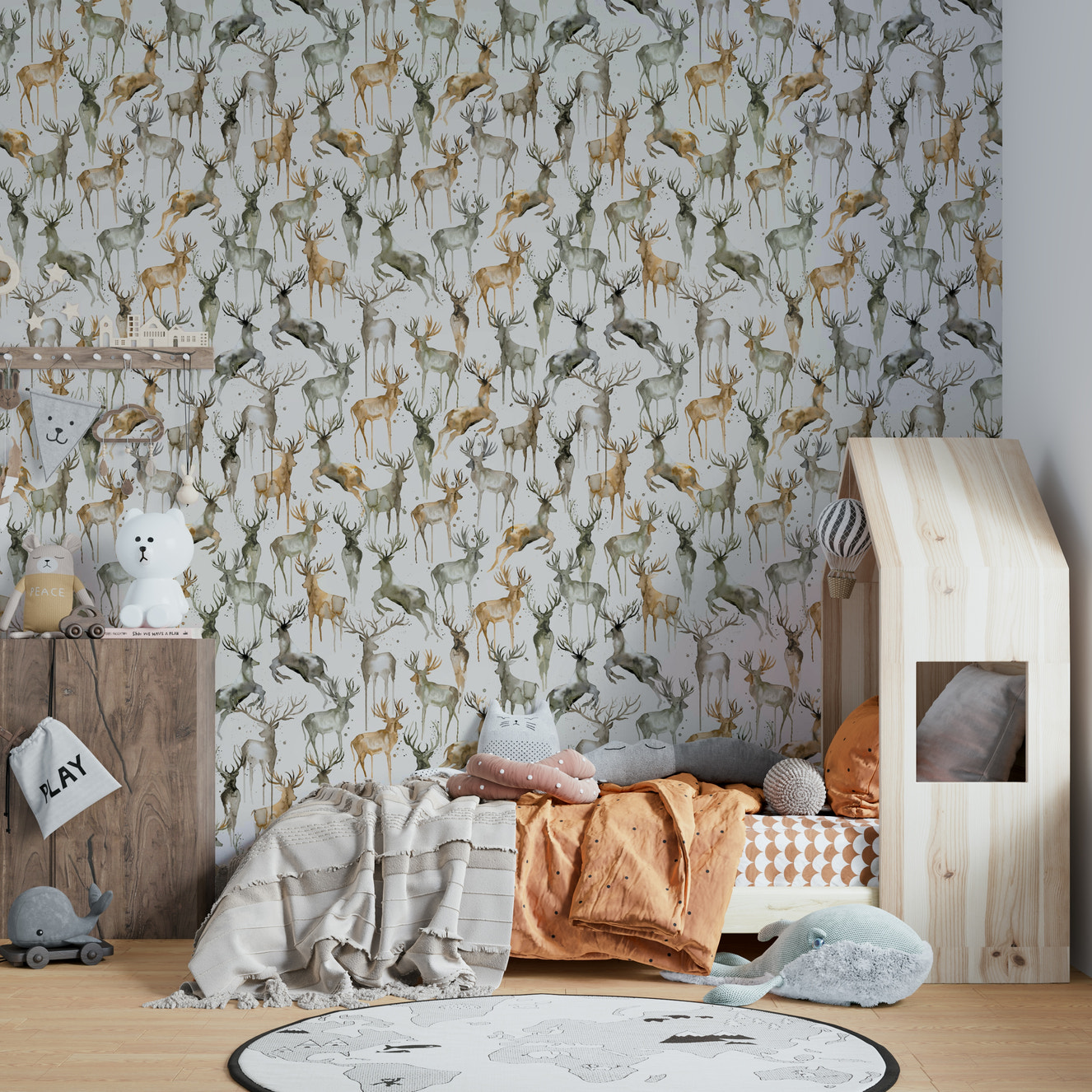 Hand-drawn woodland home décor in a quiet study featuring neutral earth tones.