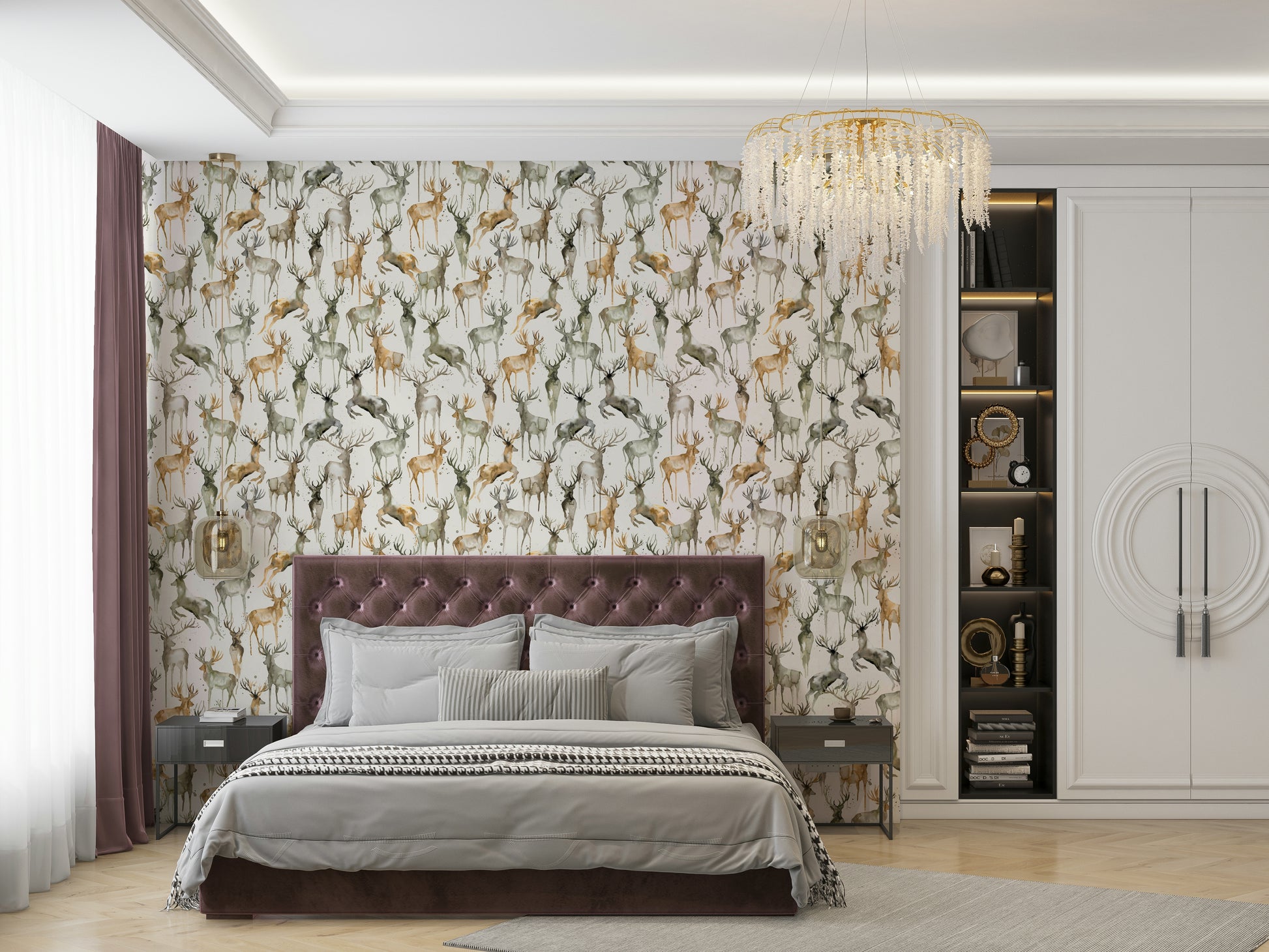 Nature-themed wall covering for a calming home office environment in muted tones.