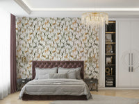 Nature-themed wall covering for a calming home office environment in muted tones.