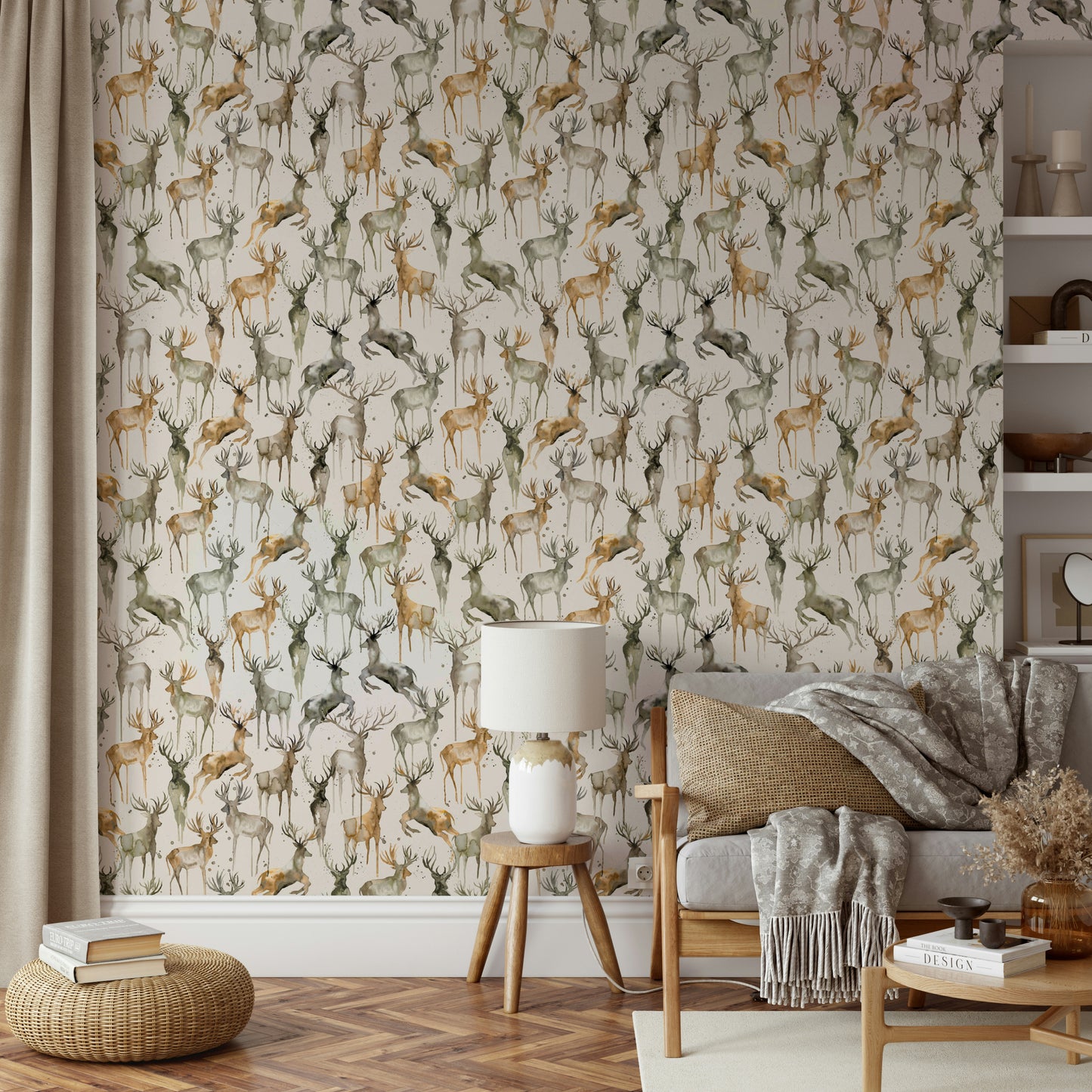 Sophisticated stag mural in a modern flat with minimalist interior styling.