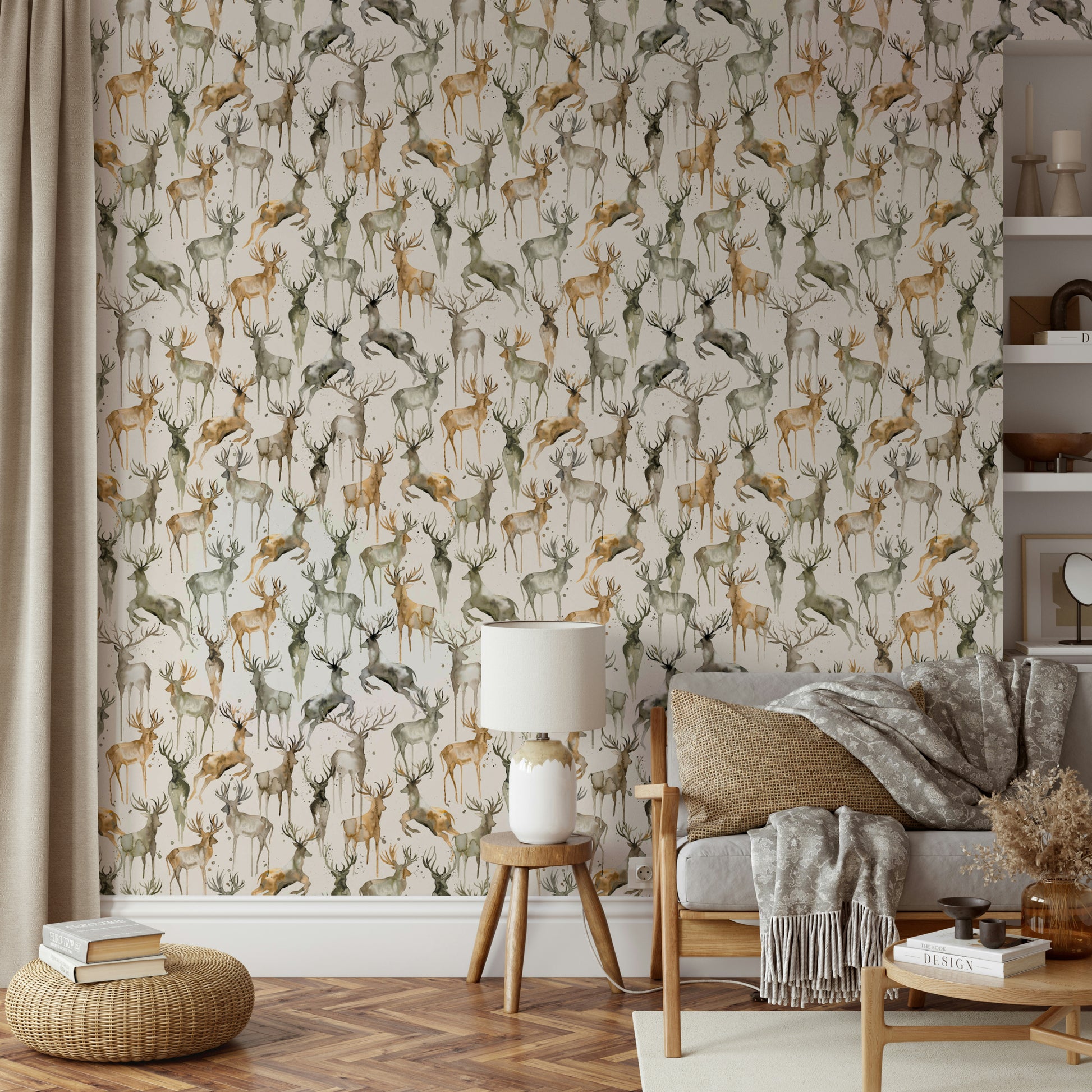 Sophisticated stag mural in a modern flat with minimalist interior styling.