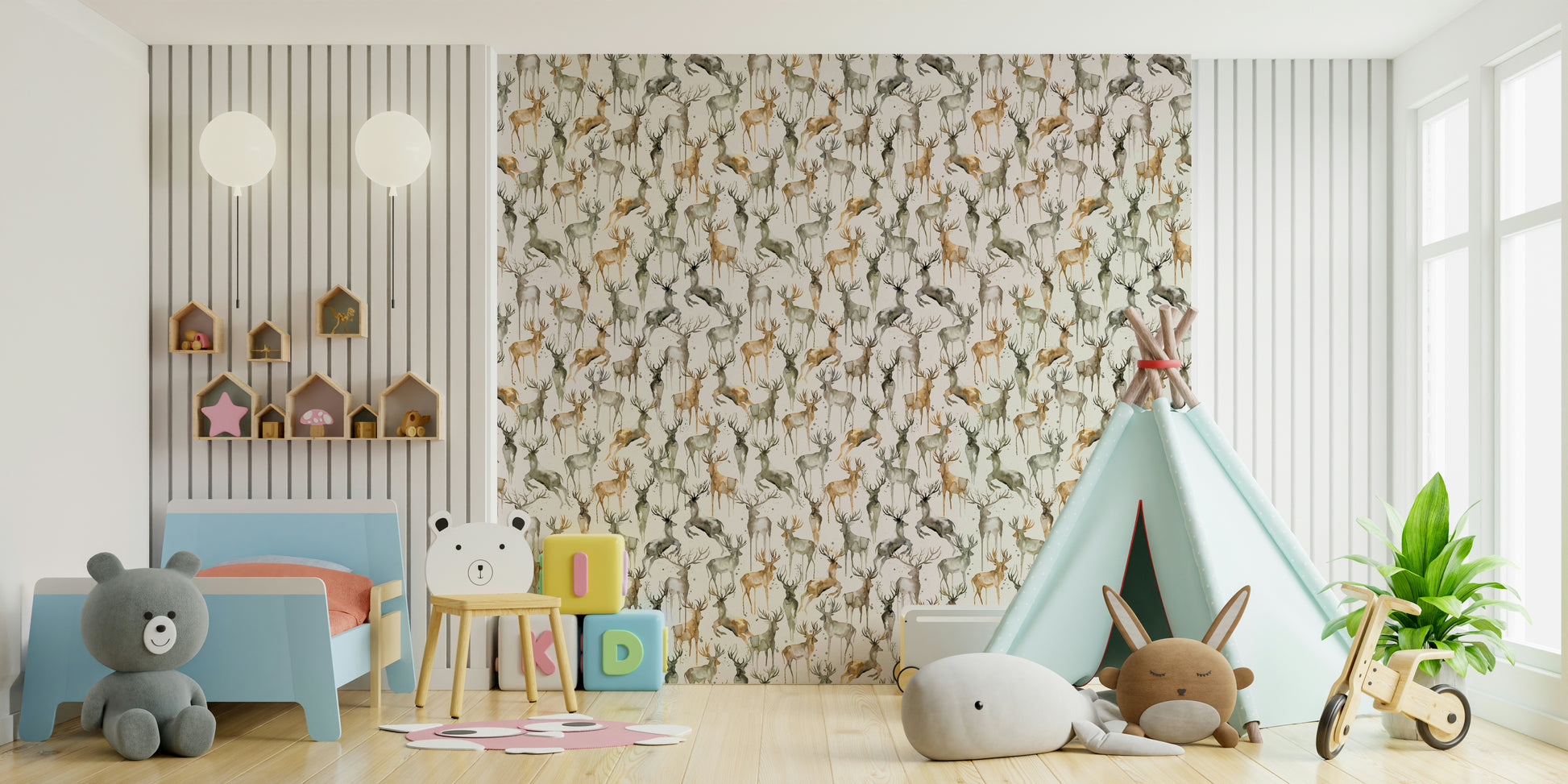 Artistic winter forest backdrop with deer figures for a textured feature wall.