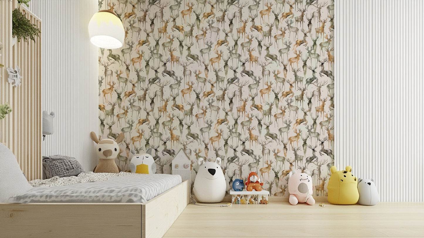 Soft brown and cream forest scene in a bright dining room with natural light.