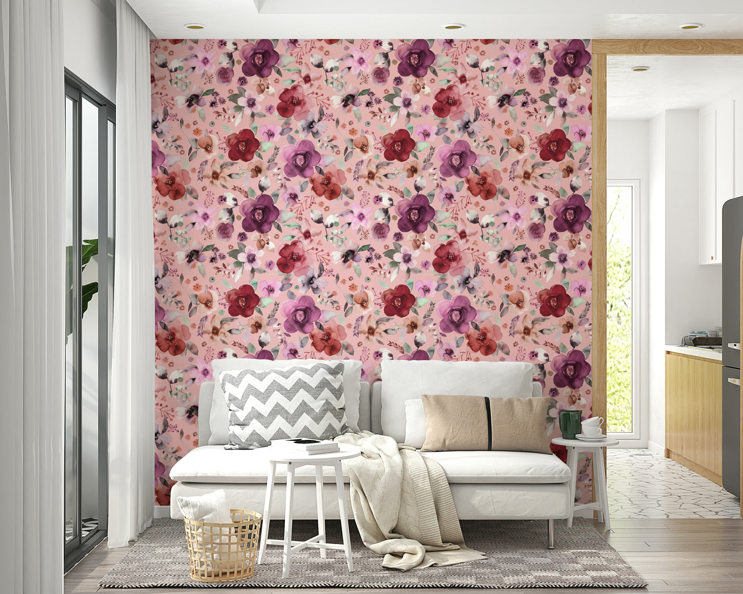 Wintery Bouquets Flowers Soft Pink Wallpaper paired with white furniture.