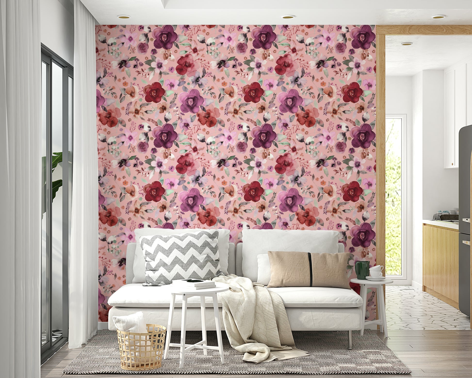 Wintery Bouquets Flowers Soft Pink Wallpaper paired with white furniture.