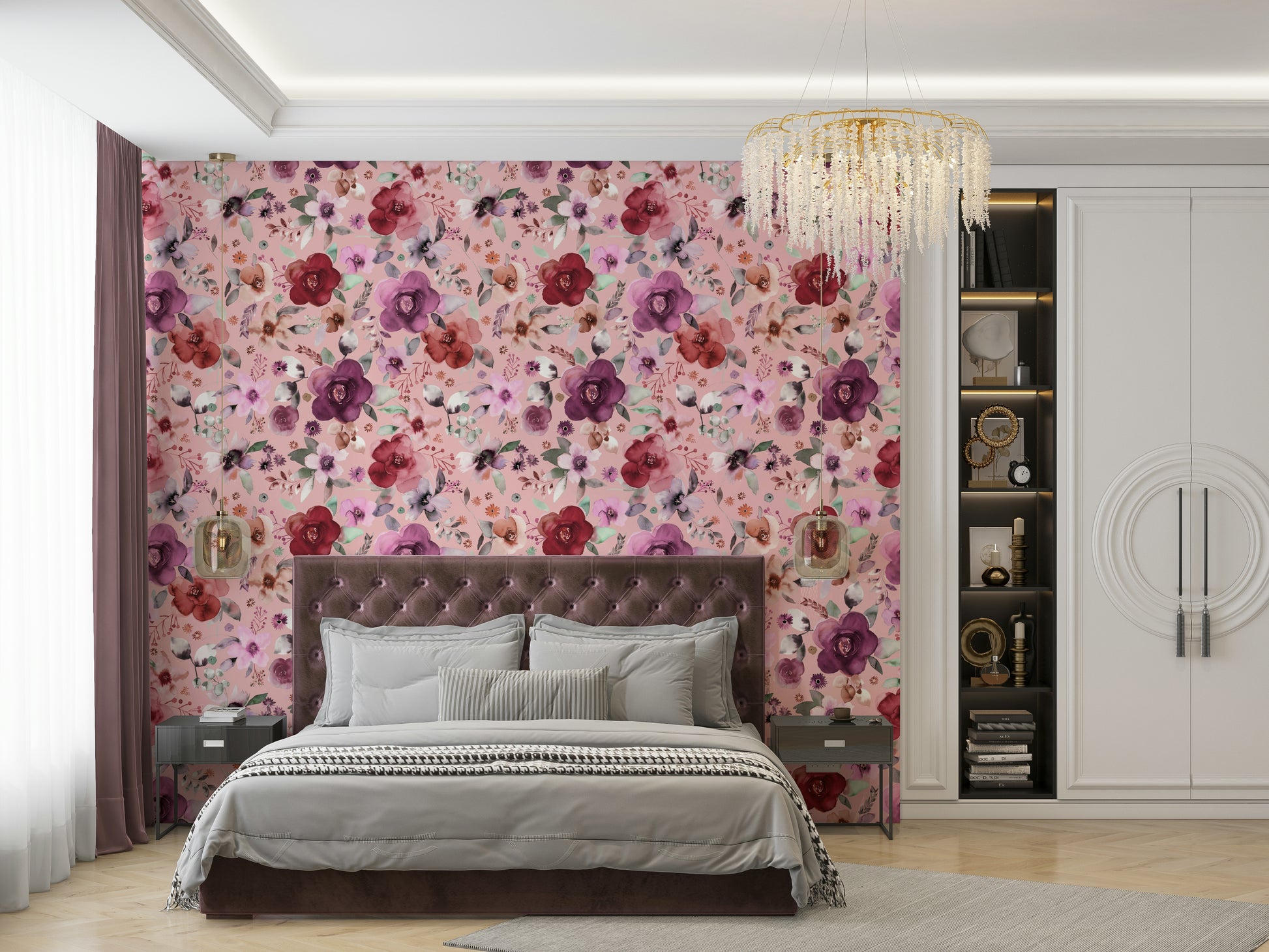 Soft pink garden inspired mural for a clean and airy entryway.