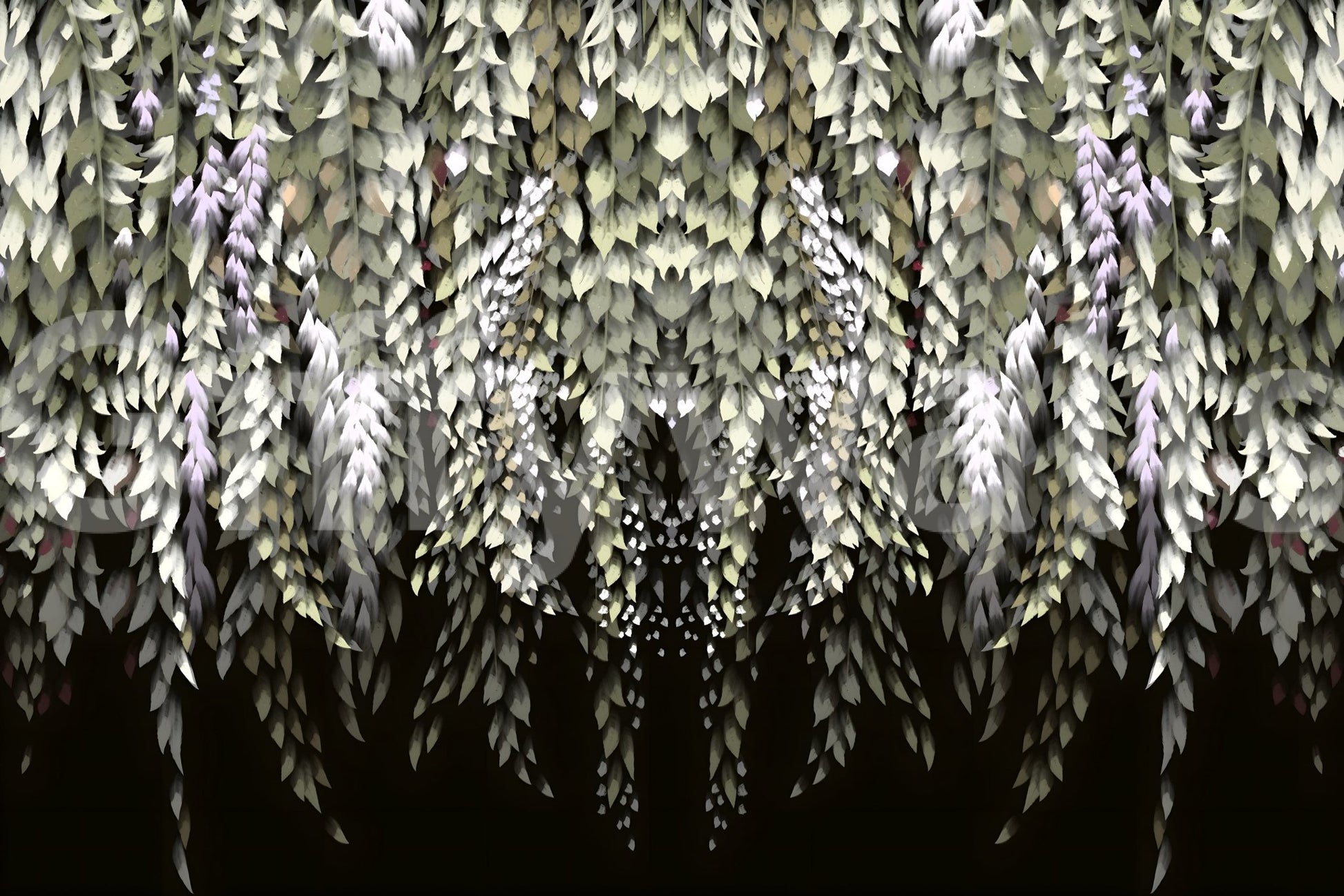 Watercolor-style wisteria cascade mural with layered leaves