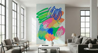 Colorful abstract strokes and bright overlapping shapes creating a high-energy wallpaper pattern.