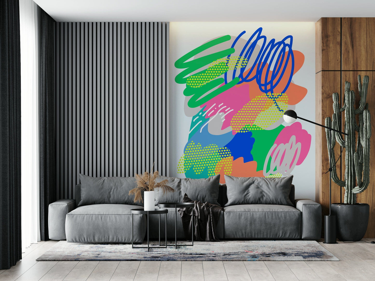 An expressive modern art wallpaper with layered colors, looping lines, and dotted accents.