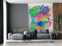 An expressive modern art wallpaper with layered colors, looping lines, and dotted accents.