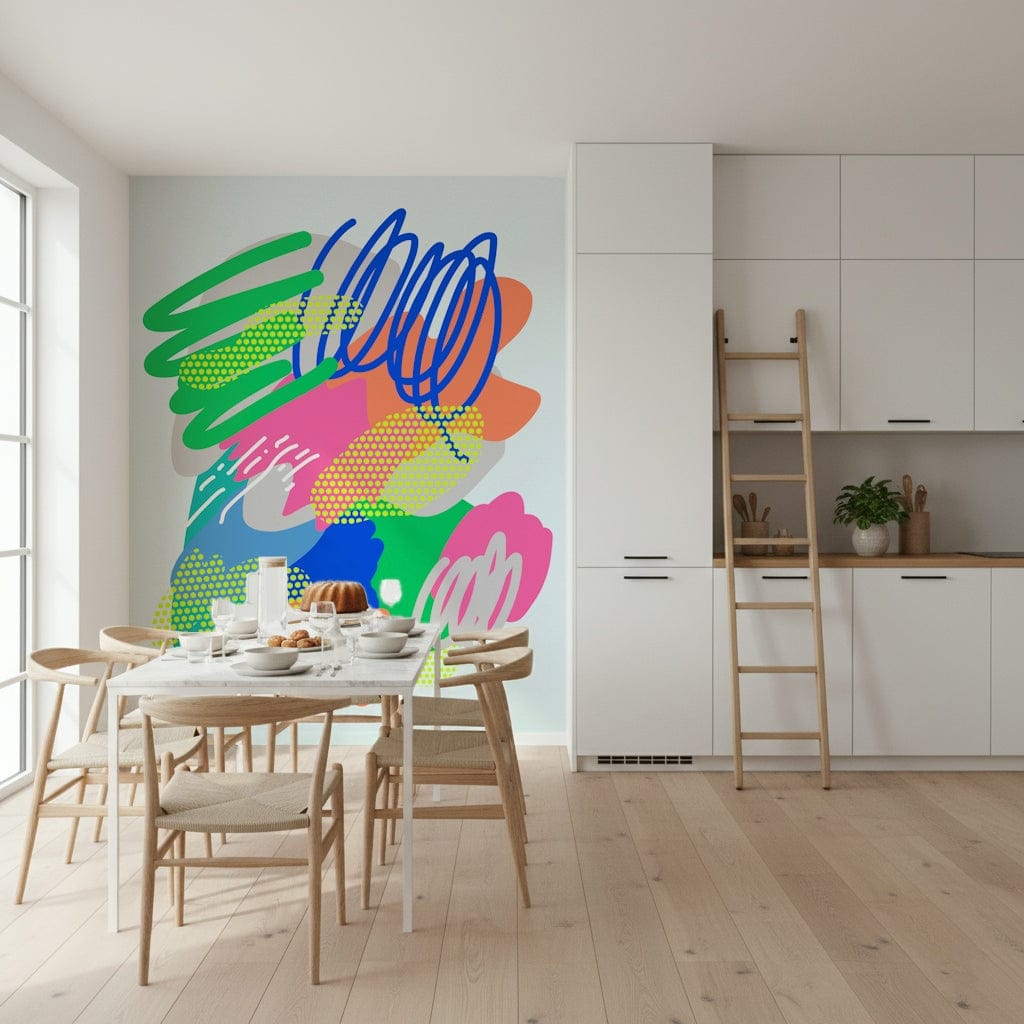 A playful wallpaper with neon brushstrokes, swirling lines, and dotted textures in bold hues.