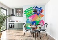 Multicolored scribbles and layered shapes creating a lively modern art wallpaper design.