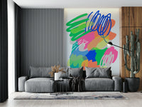 An expressive modern art wallpaper with layered colors, looping lines, and dotted accents.