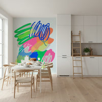 A playful wallpaper with neon brushstrokes, swirling lines, and dotted textures in bold hues.