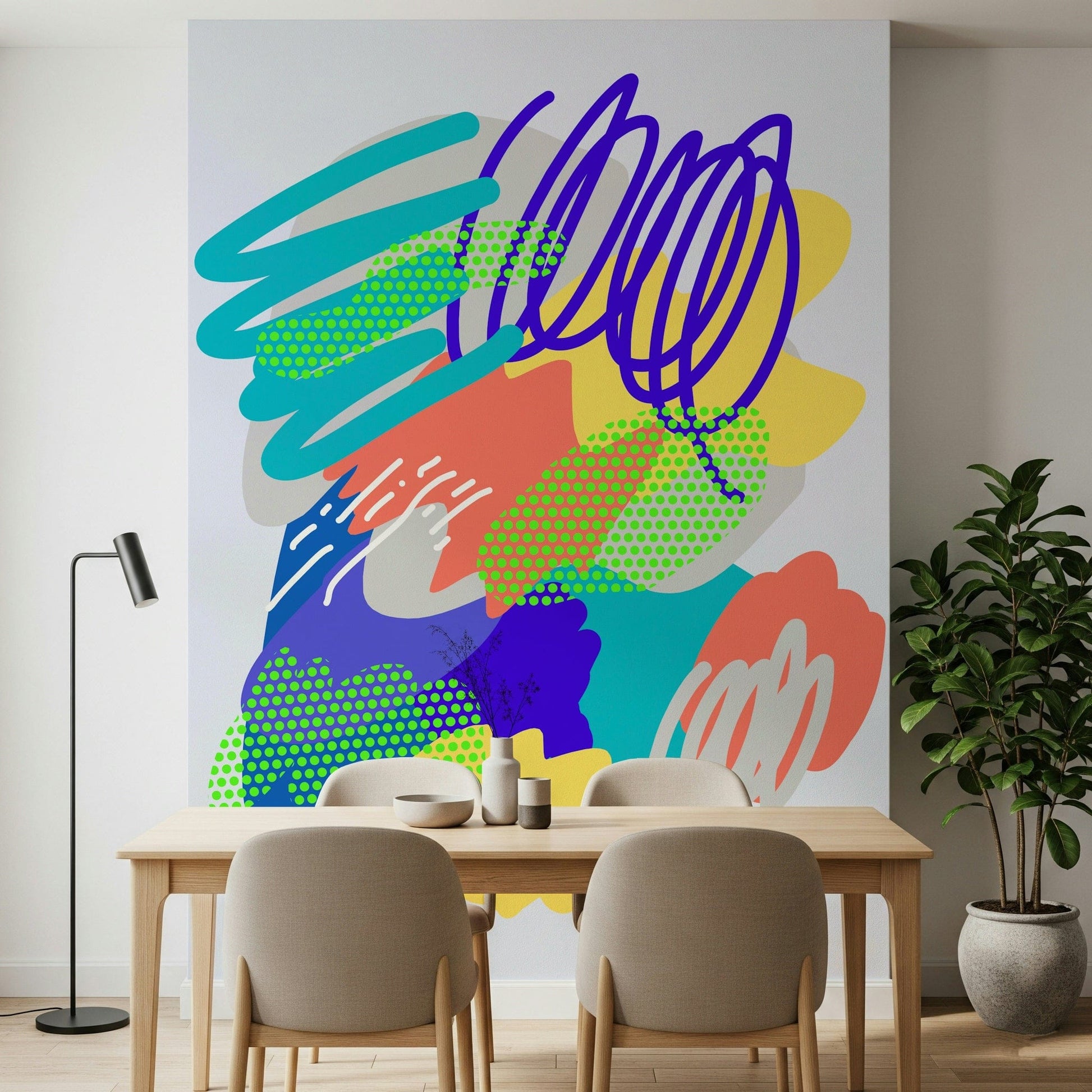 Playful scribble wallpaper, contemporary colors, awesome Wonders2 print.