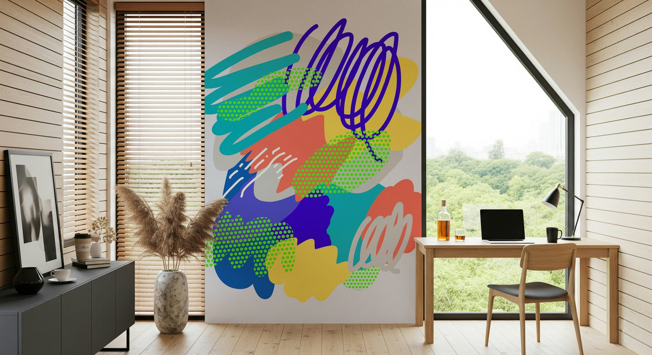 Wonders2 abstract wall mural, vibrant neon doodle pattern.