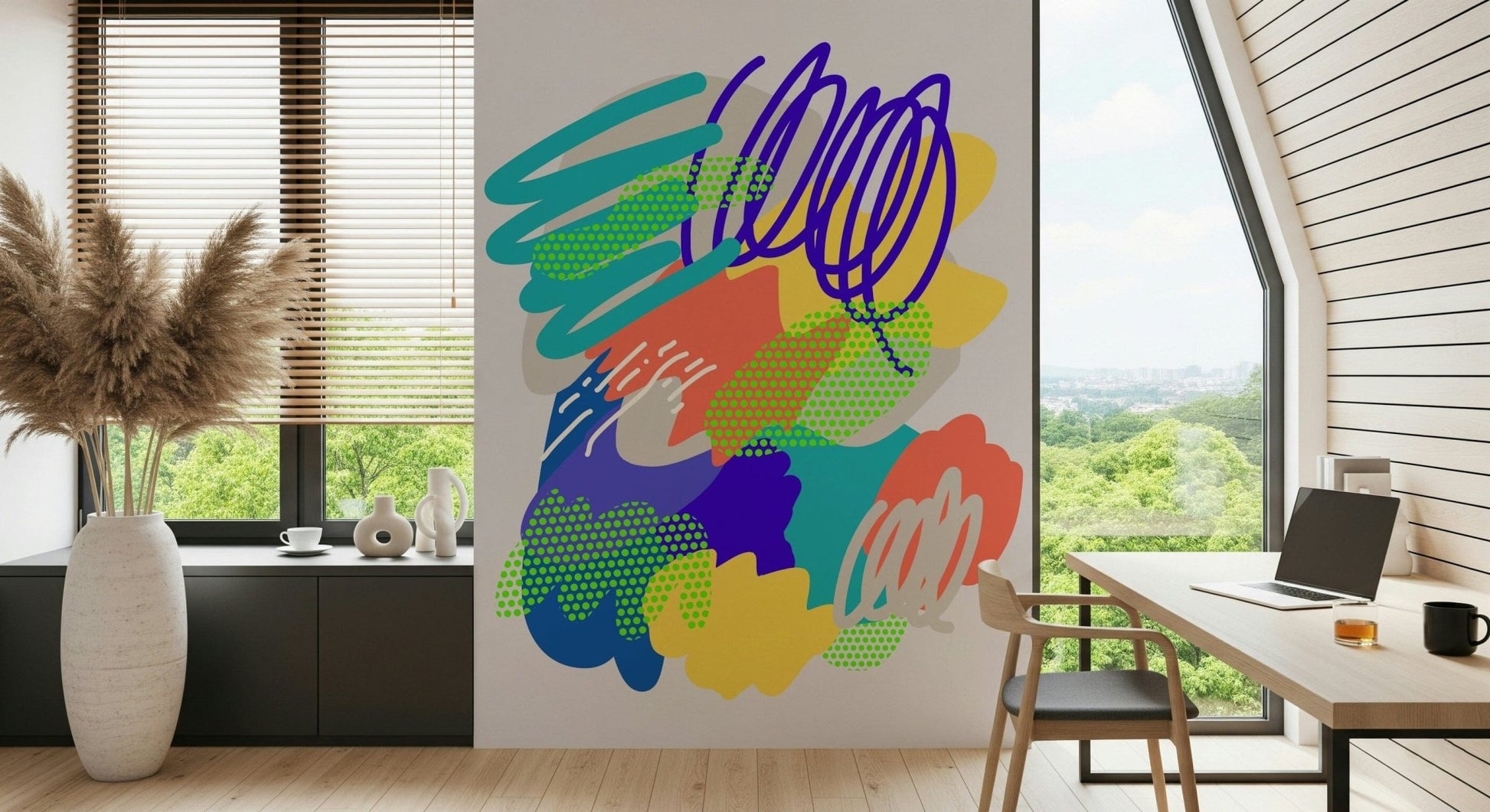 Bright wavy design, cheerful home mural, captivating Wonders2 creation.