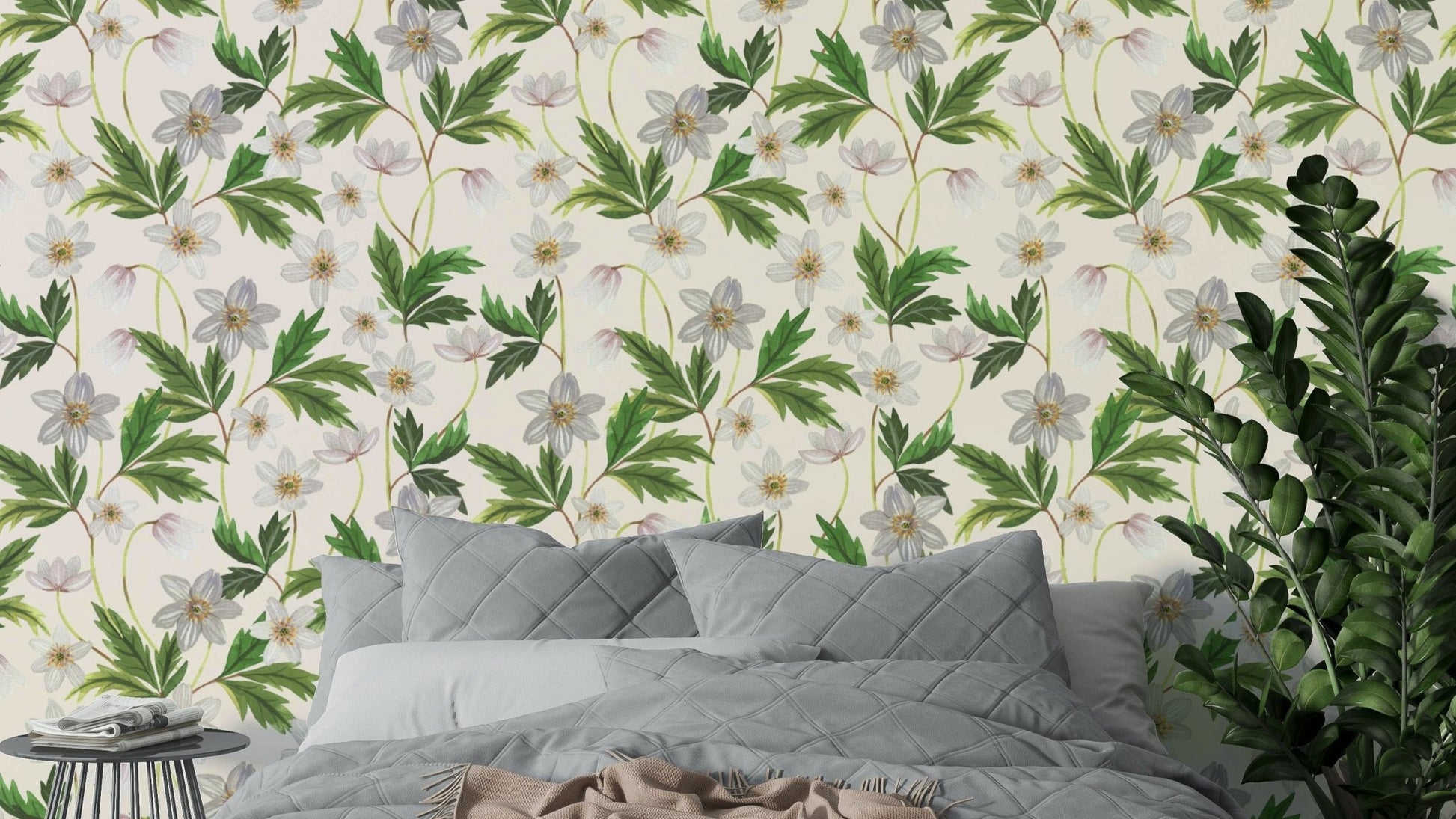 Wood Anemone flowers on white wallpaper

