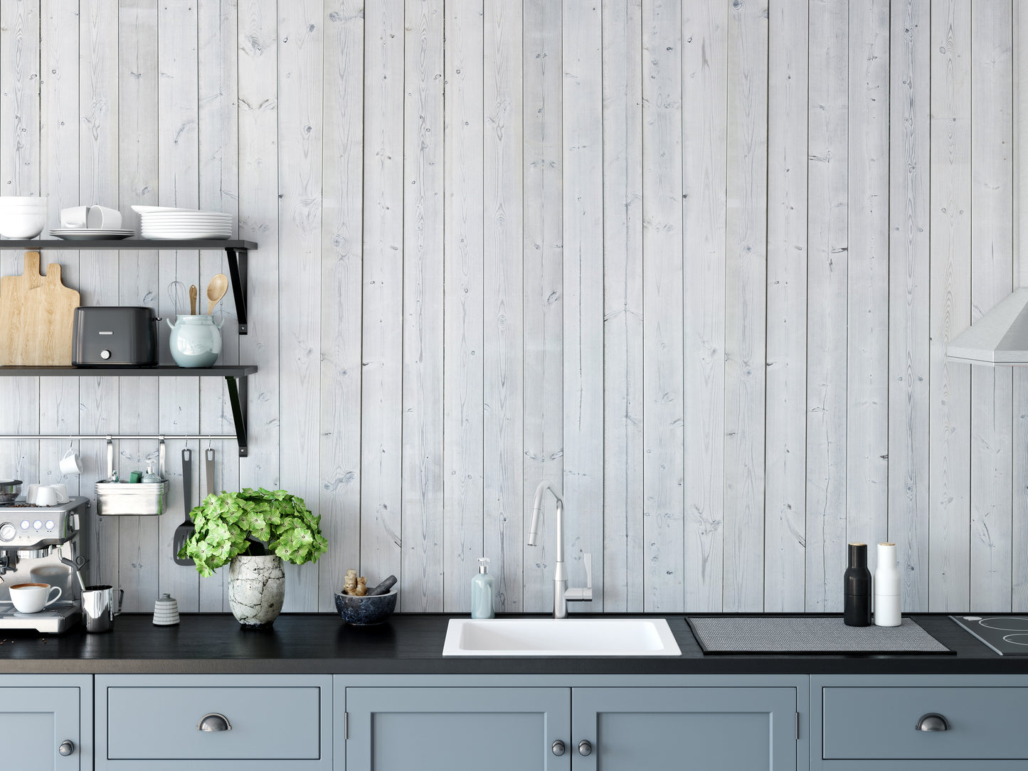Wood Texture wallpaper in whitewashed planks above blue-grey kitchen cabinets with a sink